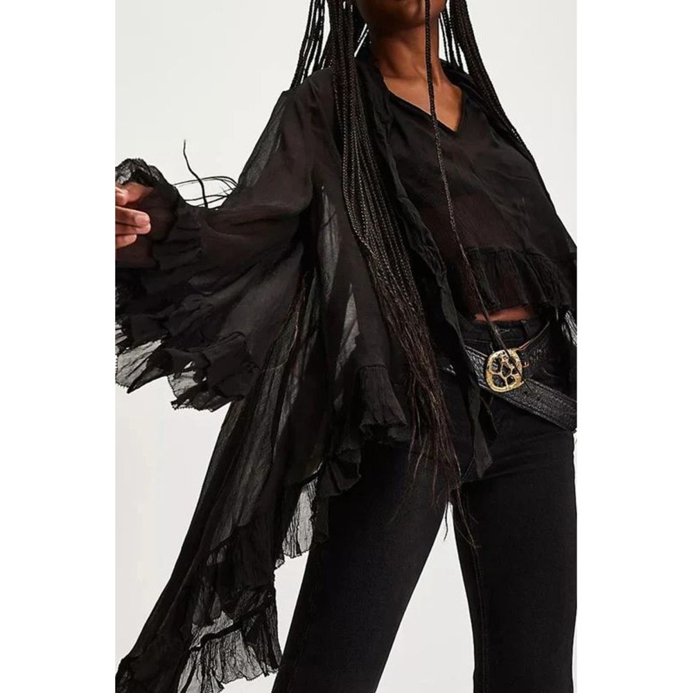 MSRP $34 Women's L Sheer Top Loose Fit Batwing Long Sleeve V Neck Ruffle Chiffon